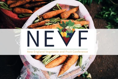 New England Vegetable and Fruit Conference Logo with a white sack of freshly picked carrots in the background